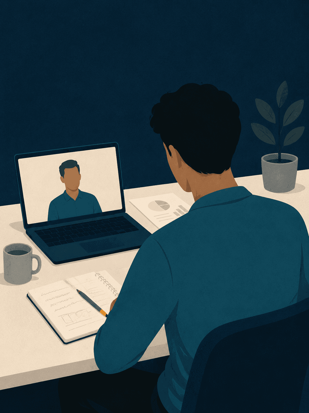 A founder mid-note-taking at a desk during an assessment conversation