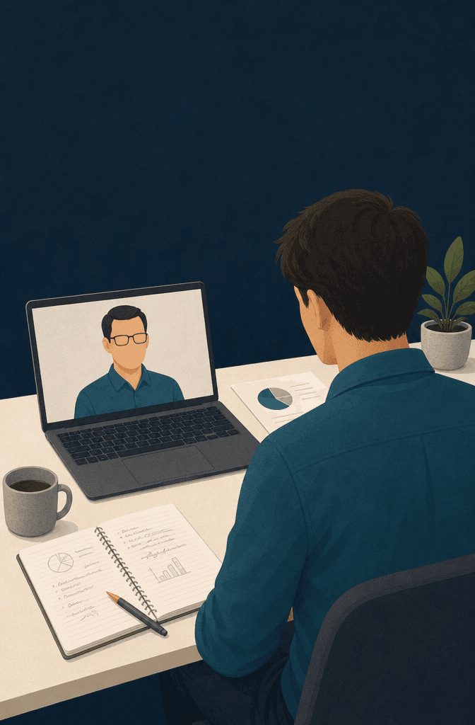A founder mid-note-taking at a desk during an assessment conversation